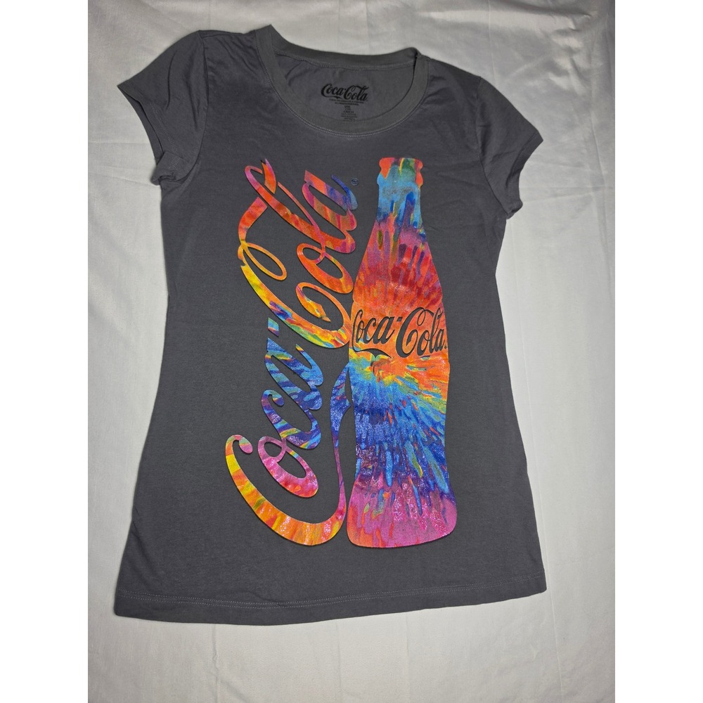 Coca-Cola Womens Junior Medium Gray Tie Dye Bottle Graphic T-Shirt JT8754